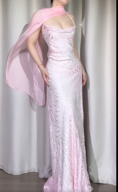 Vintage Spaghetti Straps Sheath Long Prom Dresses Chiffon Pink Evening Dresses Sleeveless Formal Dresses DP04063