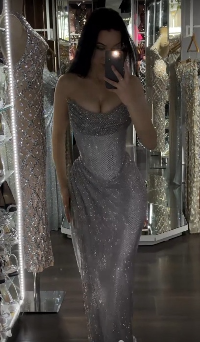 Glitter Strapless Sheath Long Prom Dresses Tulle Silver Grey Evening Dresses Sleeveless Formal Dresses DP04064