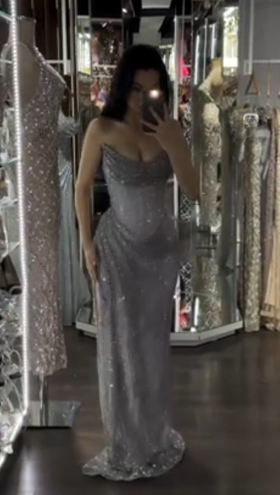 Glitter Strapless Sheath Long Prom Dresses Tulle Silver Grey Evening Dresses Sleeveless Formal Dresses DP04064