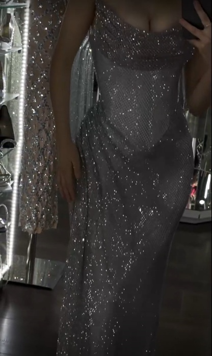 Glitter Strapless Sheath Long Prom Dresses Tulle Silver Grey Evening Dresses Sleeveless Formal Dresses DP04064