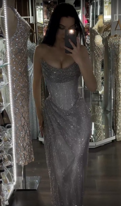 Glitter Strapless Sheath Long Prom Dresses Tulle Silver Grey Evening Dresses Sleeveless Formal Dresses DP04064