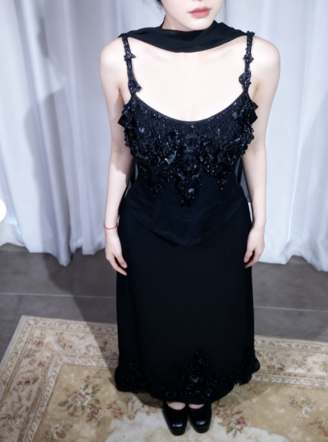 Glitter Straps Sheath Two-Piece Long Prom Dresses Chiffon Beaded Black Evening Dresses Appliqué Sleeveless Formal Dresses DP04065