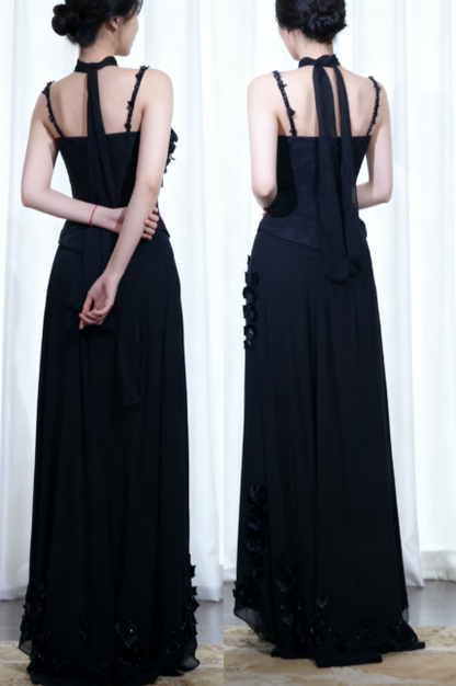 Glitter Straps Sheath Two-Piece Long Prom Dresses Chiffon Beaded Black Evening Dresses Appliqué Sleeveless Formal Dresses DP04065