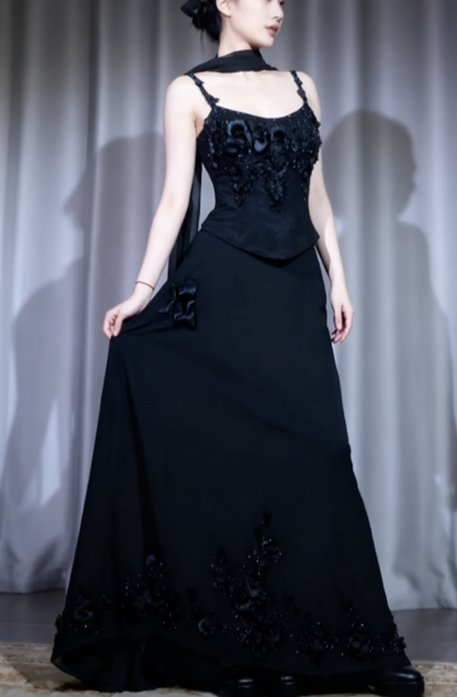 Glitter Straps Sheath Two-Piece Long Prom Dresses Chiffon Beaded Black Evening Dresses Appliqué Sleeveless Formal Dresses DP04065