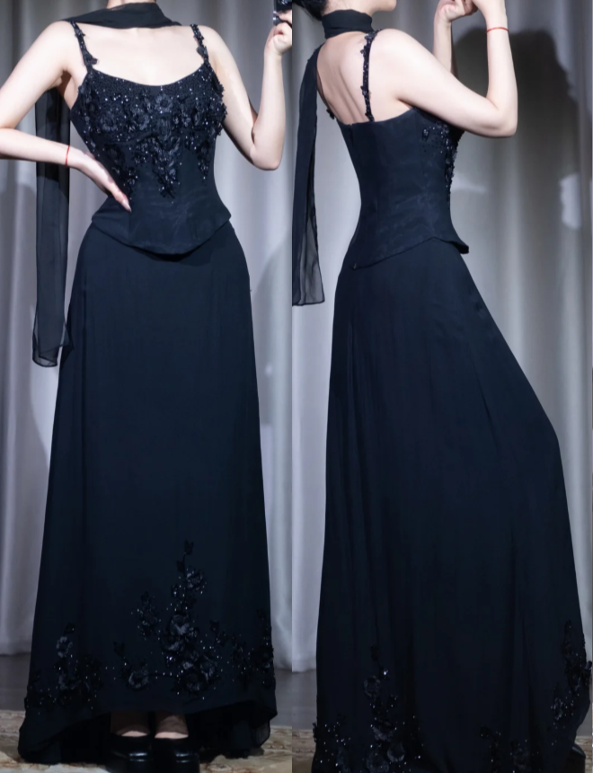 Glitter Straps Sheath Two-Piece Long Prom Dresses Chiffon Beaded Black Evening Dresses Appliqué Sleeveless Formal Dresses DP04065