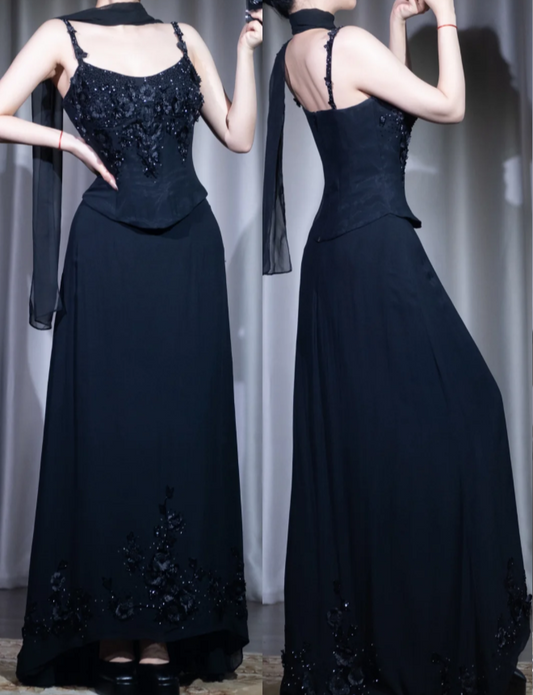 Glitter Straps Sheath Two-Piece Long Prom Dresses Chiffon Beaded Black Evening Dresses Appliqué Sleeveless Formal Dresses DP04065