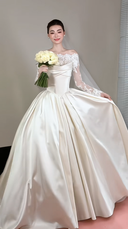 Elegant Off-shoulder A-Line Long Wedding Dresses Satin White Bridal Gowns Long Sleeves Bridal Dresses DP04070