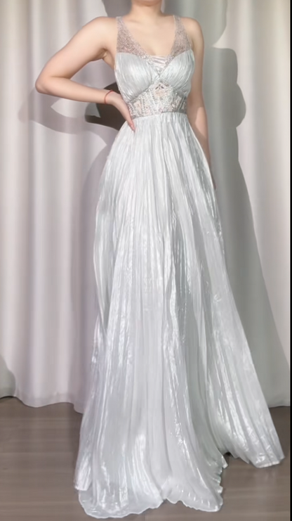 Glam V-neck Sheath Long Prom Dresses, Tulle Light Gray Evening Dresses DP04073