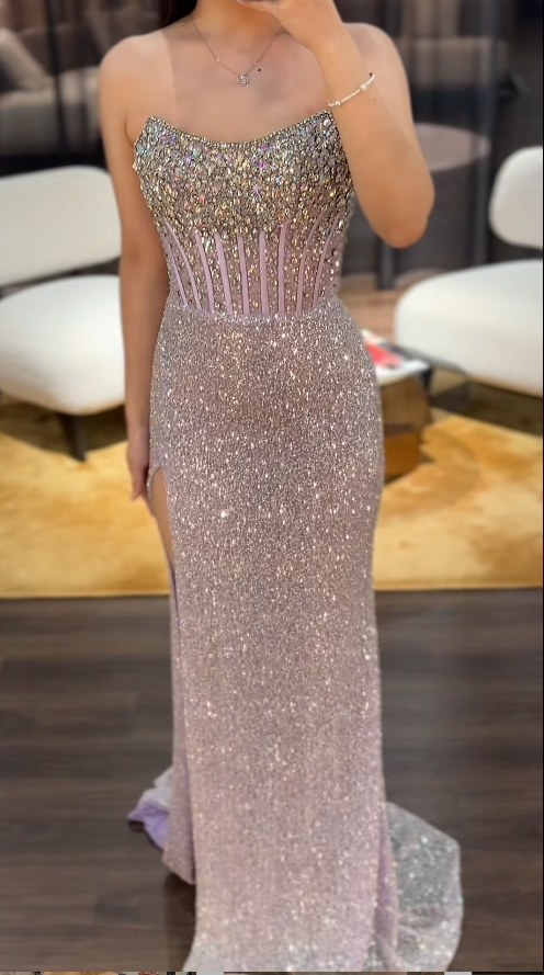 Glam Strapless Sheath Long Prom Dresses, Tulle Beaded Pink Evening Dresses with Slits DP04074