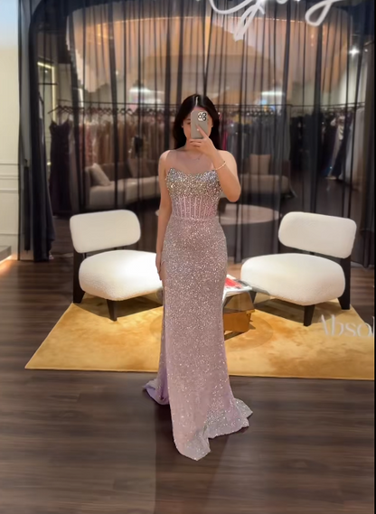 Glam Strapless Sheath Long Prom Dresses, Tulle Beaded Pink Evening Dresses with Slits DP04074