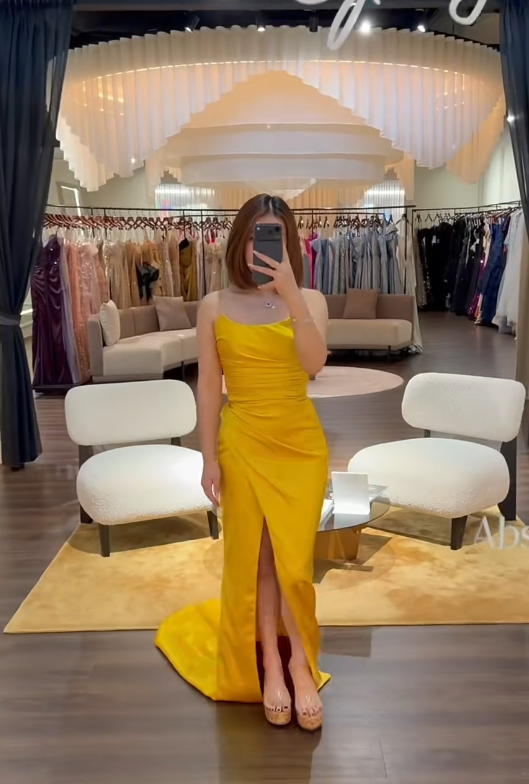 Glam Strapless Sheath Long Prom Dresses, Satin Yellow Evening Dresses with Slits DP04075