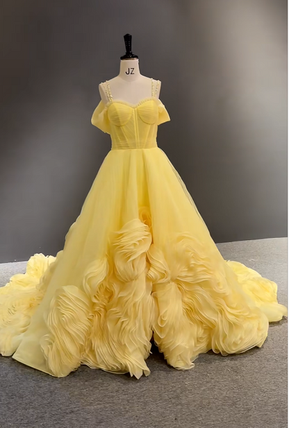 Glam Off-shoulder Ball Gown Long Prom Dresses, Tulle Appliques Yellow Evening Dresses DP04076