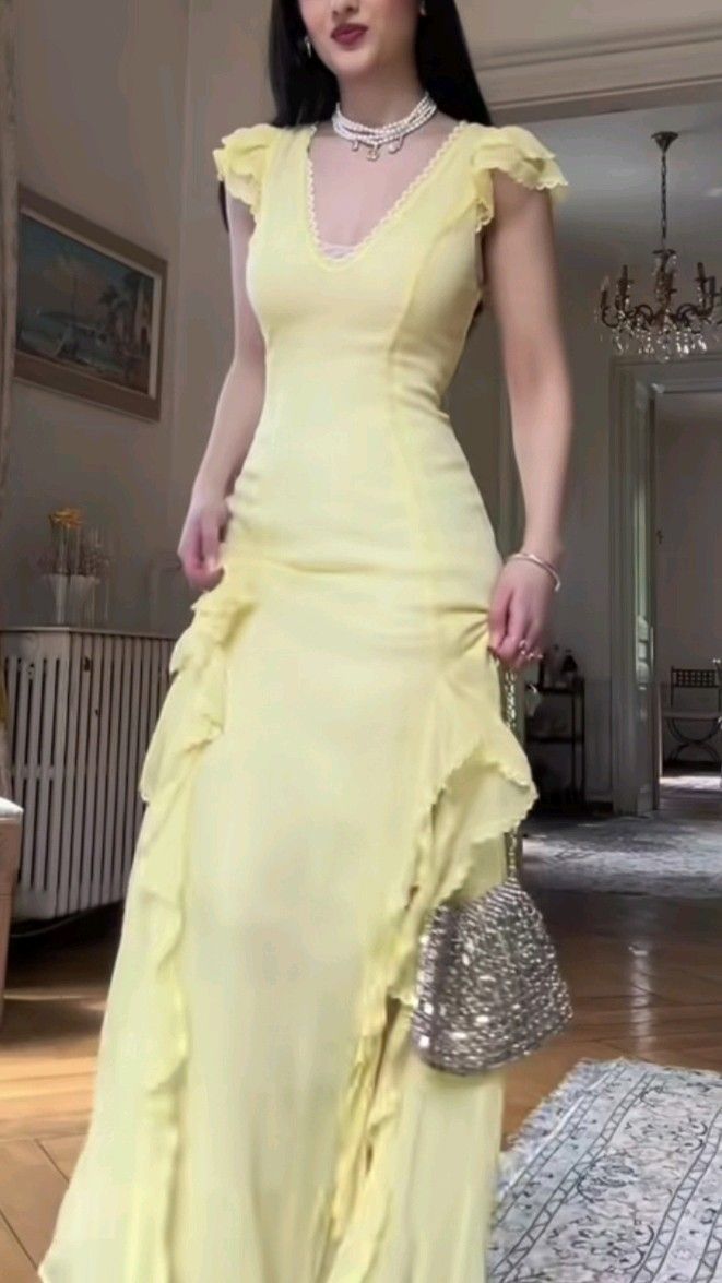 Elegant V-neck Sheath Long Prom Dresses Chiffon Yellow Evening Dresses Short Sleeve Formal Dresses DP04079