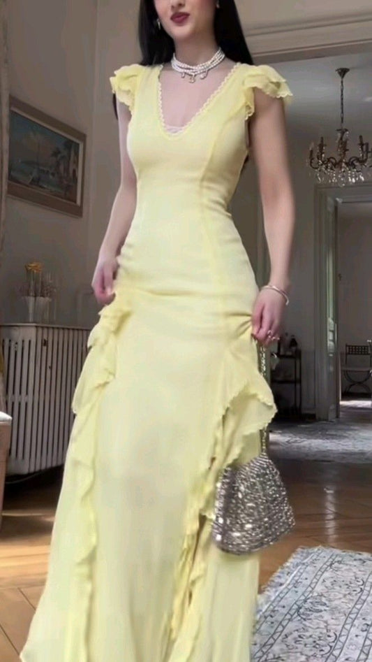 Elegant V-neck Sheath Long Prom Dresses Chiffon Yellow Evening Dresses Short Sleeve Formal Dresses DP04079