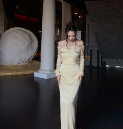 Gorgeous Sheath Long Prom Dresses Satin Yellow Evening Dresses Long Sleeves Birthday Dresses DP04085