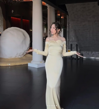 Gorgeous Sheath Long Prom Dresses Satin Yellow Evening Dresses Long Sleeves Birthday Dresses DP04085