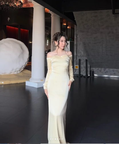 Gorgeous Sheath Long Prom Dresses Satin Yellow Evening Dresses Long Sleeves Birthday Dresses DP04085