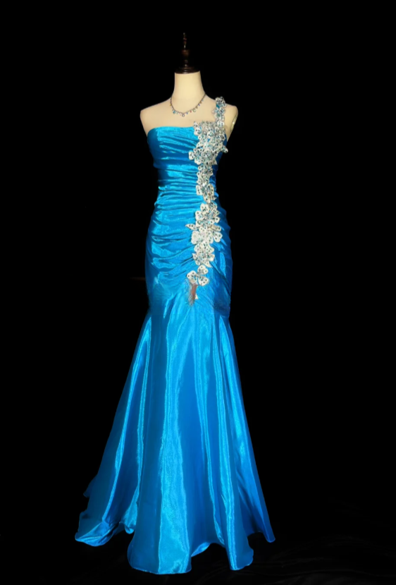 Glam Mermaid Long Prom Dresses Satin Appliques Blue Evening Dresses Sleeveless Blue Birthday Dresses DP04090