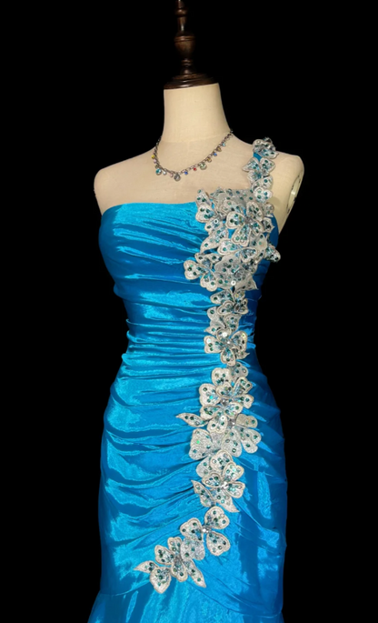 Glam Mermaid Long Prom Dresses Satin Appliques Blue Evening Dresses Sleeveless Blue Birthday Dresses DP04090