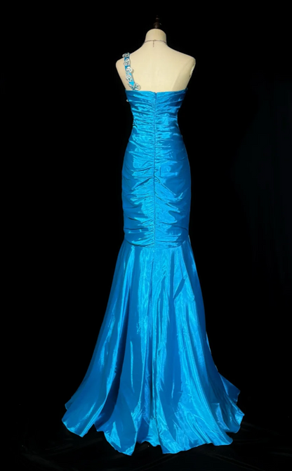 Glam Mermaid Long Prom Dresses Satin Appliques Blue Evening Dresses Sleeveless Blue Birthday Dresses DP04090