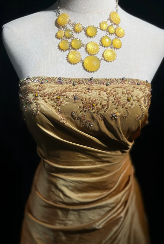 Cute A-Line Gold Birthday Dress V-Neck Strapless Satin Long Prom Dress DP04092