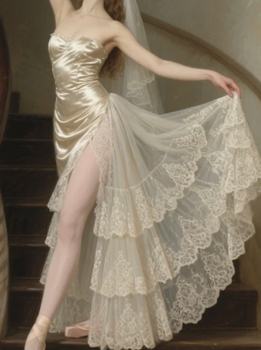 Chic Sheath Champagne Birthday Dress Lace Long Prom Dress Sleeveless Evening Dresses with Slits DP04097