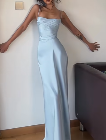 Sexy Blue Birthday Dresses Spaghetti Straps Satin Long Prom Dresses Blue Party Dresses DP04100