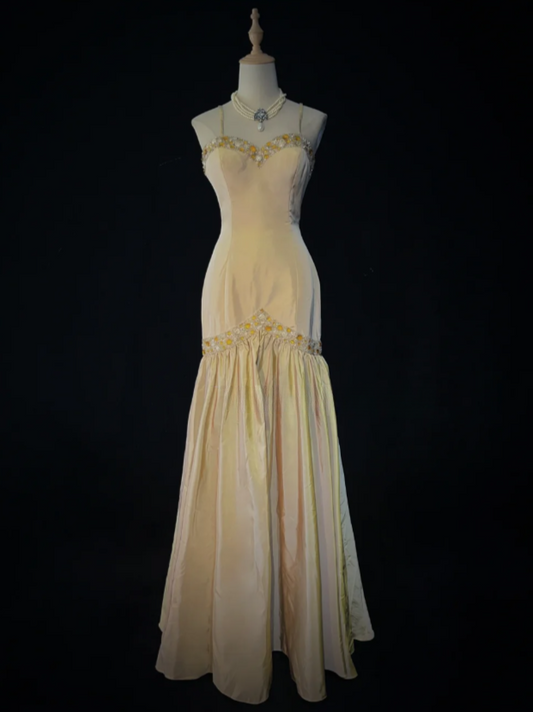 Cute Spaghetti Straps Sheath Long Prom Dresses Satin Beaded Yellow Birthday Dresses Sleeveless Evening Dresses DP04101