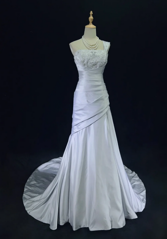 Elegant Off-shoulder Sheath Long Prom Dresses Satin Beaded Silver Birthday Dresses Sleeveless Evening Dresses DP04102