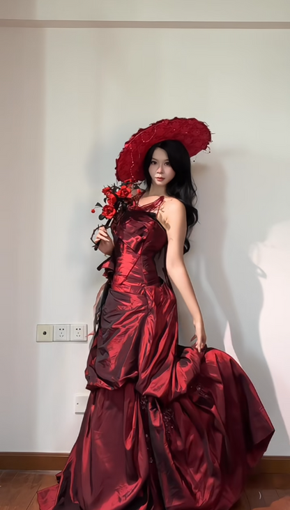 Fairy Strapless A-Line  Long Prom Dresses Satin Burgundy  Birthday Dresses Sleeveless Evening Dresses DP04103