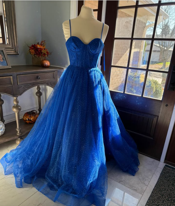 Fairy Spaghetti Straps A-Line Long Prom Dresses Tulle Blue Birthday Dresses Sleeveless Party Dresses DP04104