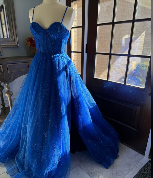 Fairy Spaghetti Straps A-Line Long Prom Dresses Tulle Blue Birthday Dresses Sleeveless Party Dresses DP04104