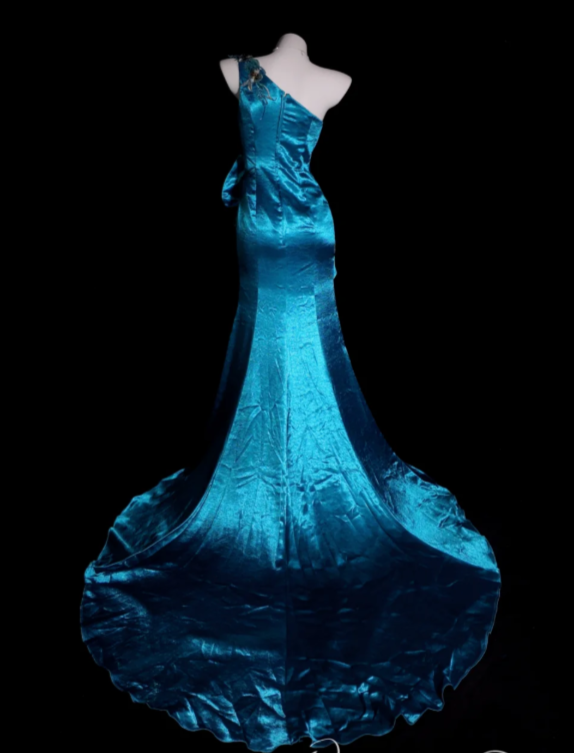 Glam Off-shoulder Sheath Long Prom Dresses Satin Beaded Teal Evening Dresses Sleeveless Mother of the Bride Dresses  DP04106