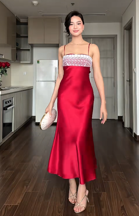 Elegant Spaghetti Straps Sheath Long Evening Dresses Satin Red Wedding Guest Dresses Sleeveless Party Dresses  DP04107