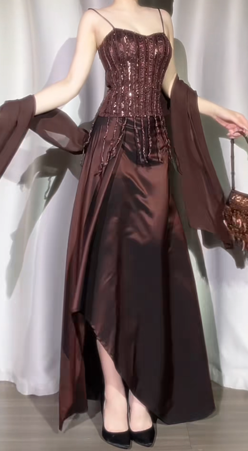 Elegant Spaghetti Straps Sheath Long Evening Dresses Satin Brown Wedding Guest Dresses Sleeveless Party Dresses  DP04108