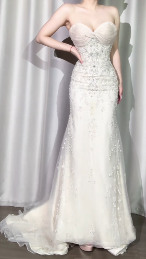 Elegant Strapless Sheath Long Evening Dresses Beaded Tulle Prom Dresses Sleeveless Party Dresses DP04109