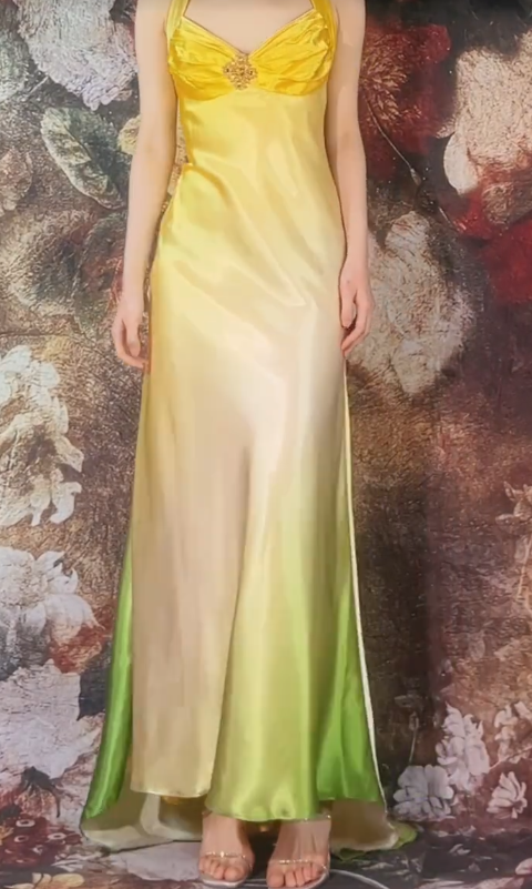 Elegant Halter Sheath Long Evening Dresses Satin Yellow Prom Dresses Sleeveless Party Dresses DP04111