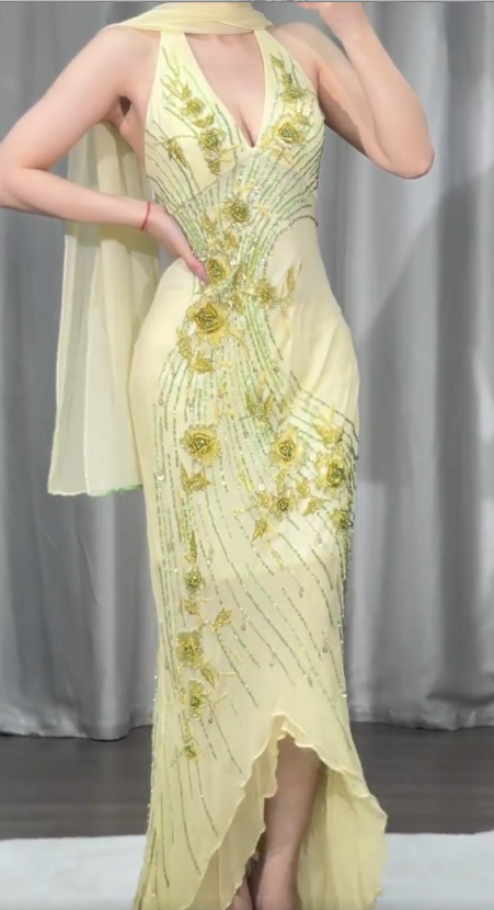 Elegant V-Neck Sheath Long Evening Dresses Beaded Chiffon Yellow Prom Dresses Sleeveless Party Dresses DP04112