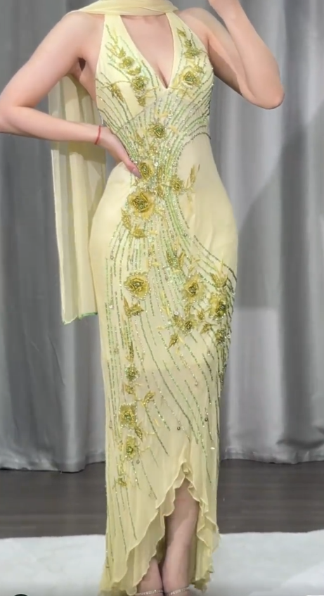 Elegant V-Neck Sheath Long Evening Dresses Beaded Chiffon Yellow Prom Dresses Sleeveless Party Dresses DP04112