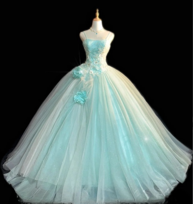 Cute Spaghetti Straps Ball Gown Tulle Long Prom Dress Appliques Pale Blue Quinceanera Dresses Sleeveless Sweet 16 Dresses DP04113