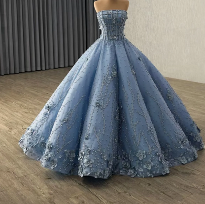Cute Strapless Ball Gown Tulle Long Prom Dresss Beaded Blue Quinceanera Dresses Sleeveless Sweet 16 Dresses DP04114