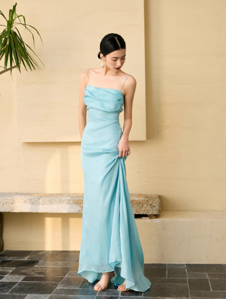 Simple Spaghetti Straps Sheath Long Prom Dresss Satin Blue Evening Dresses Sleeveless Wedding Guest Dresses DP04115