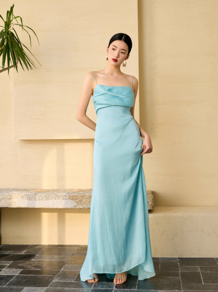 Simple Spaghetti Straps Sheath Long Prom Dresss Satin Blue Evening Dresses Sleeveless Wedding Guest Dresses DP04115