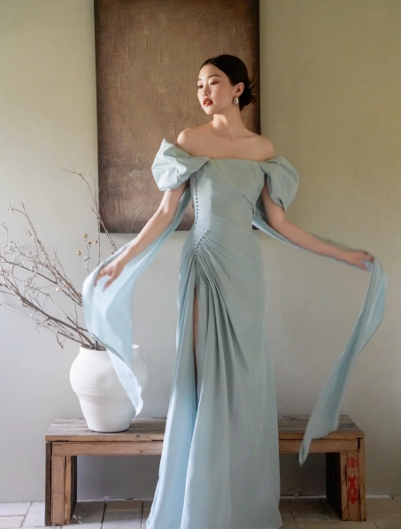 Simple Off-shoulder Sheath Long Evening Dresses Satin Blue Bridesmaid Dresses Sleeveless Wedding Guest Dresses DP04117
