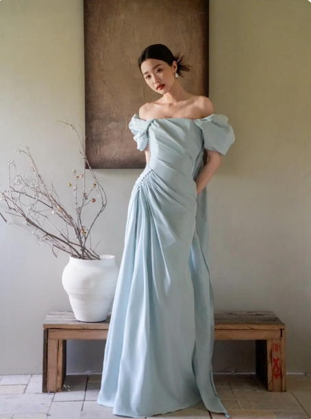 Simple Off-shoulder Sheath Long Evening Dresses Satin Blue Bridesmaid Dresses Sleeveless Wedding Guest Dresses DP04117
