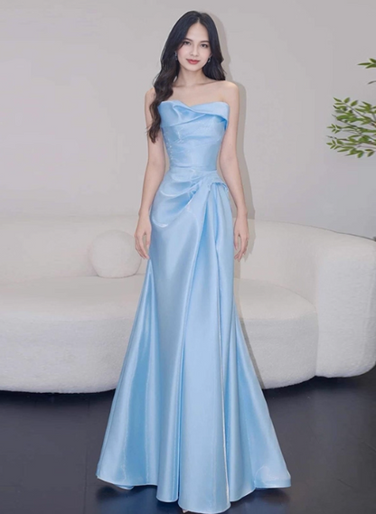 Simple Strapless Sheath Long Evening Dresses Satin Blue Bridesmaid Dresses Sleeveless Wedding Guest Dresses DP04118
