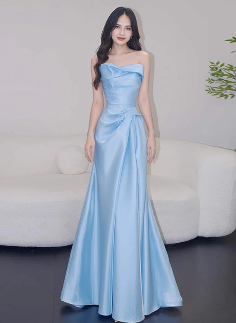 Simple Strapless Sheath Long Evening Dresses Satin Blue Bridesmaid Dresses Sleeveless Wedding Guest Dresses DP04118