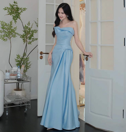 Simple Strapless Sheath Long Evening Dresses Satin Blue Bridesmaid Dresses Sleeveless Wedding Guest Dresses DP04118
