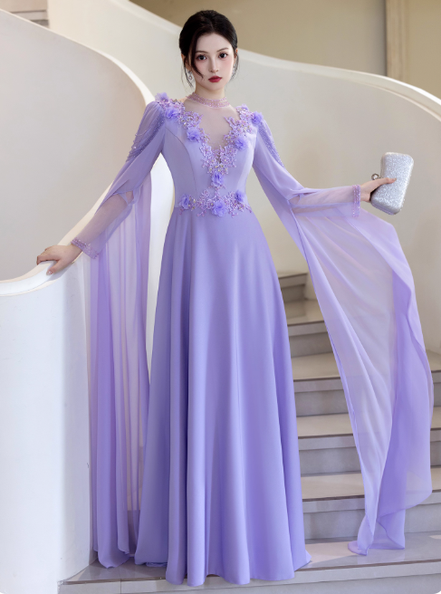 Simple Jewel A-Line Long Evening Dresses Chiffon Puprle Mother of the Bride Dresses Long Sleeves Wedding Guest Dresses DP04119