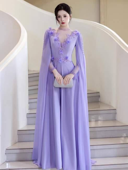 Simple Jewel A-Line Long Evening Dresses Chiffon Puprle Mother of the Bride Dresses Long Sleeves Wedding Guest Dresses DP04119